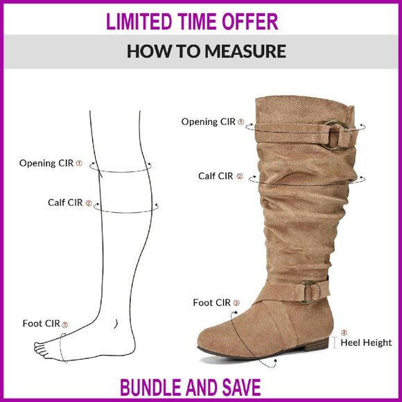 Women's Wide Calf Knee High Boots Slouchy Flat Tall Side Zipper - Picture 2 of 4